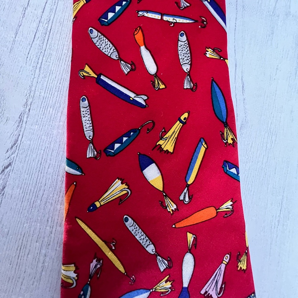 ALYNN NECKWEAR (2) 100% Silk Red NeckTies Fishing Tie Saltwater 3.5x60 VTG USA - Picture 5 of 16
